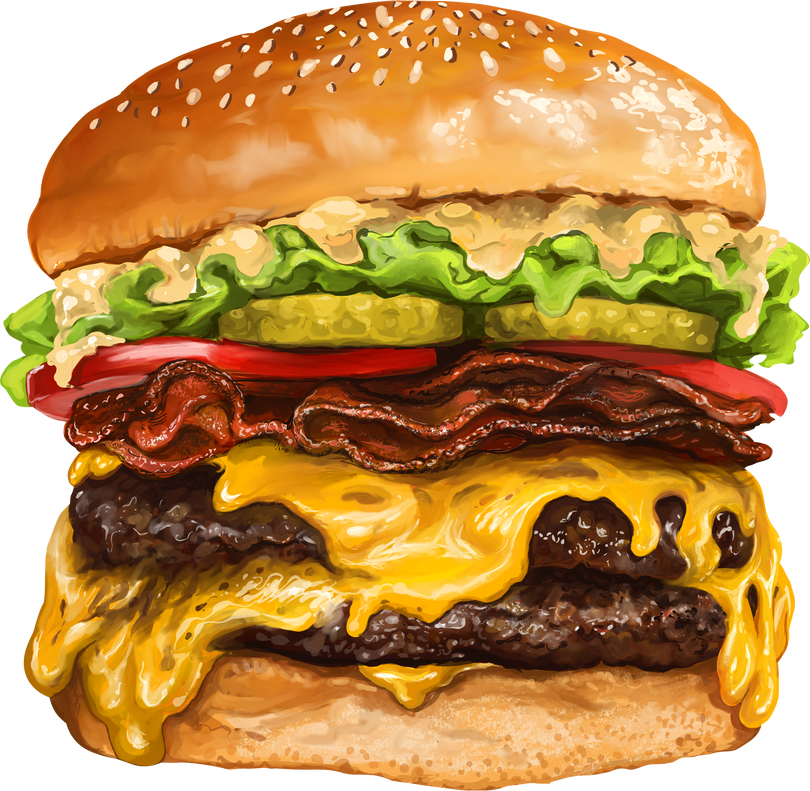 Double Cheese Burger with Bacon Hand-drawn Illustration